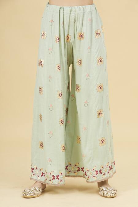 Shop_Samyukta Singhania_Green Imported Woven Rayon Flax Hand Block Print Kurta Set_Online_at_Aza_Fashions