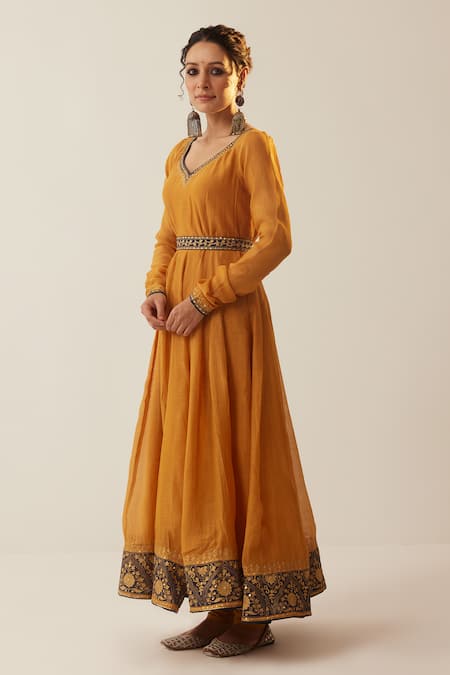 Shrutkirti_Yellow Chanderi Silk Anarkali Set With Contrast Dupatta _Online_at_Aza_Fashions