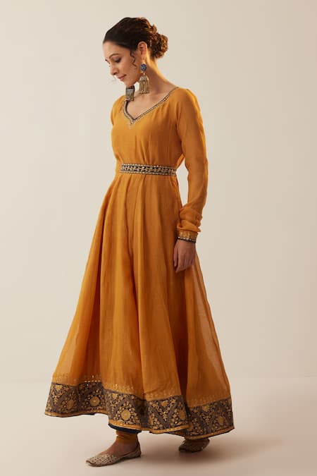 Buy_Shrutkirti_Yellow Chanderi Silk Anarkali Set With Contrast Dupatta _Online_at_Aza_Fashions