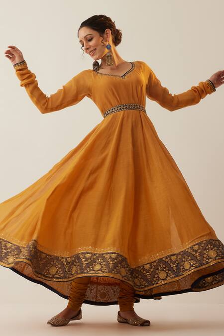 Shop_Shrutkirti_Yellow Chanderi Silk Anarkali Set With Contrast Dupatta _Online_at_Aza_Fashions