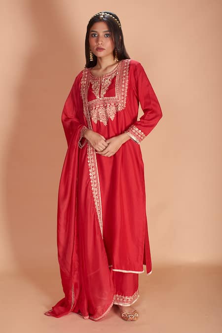 Soha By Harleen And Sona Red Kurta And Palazzo Bamberg  Dupattatabby Asra Embroidered Set 
