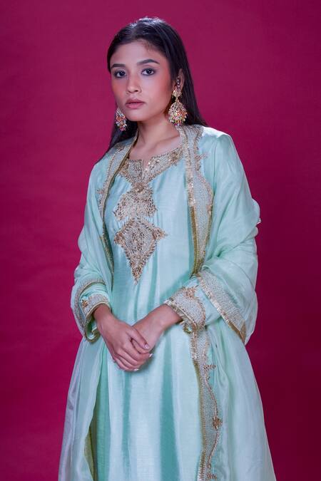 Soha By Harleen And Sona_Green Kurta And Palazzo Bamberg  Dupattatabby Aanya Embroidered Set _Online_at_Aza_Fashions