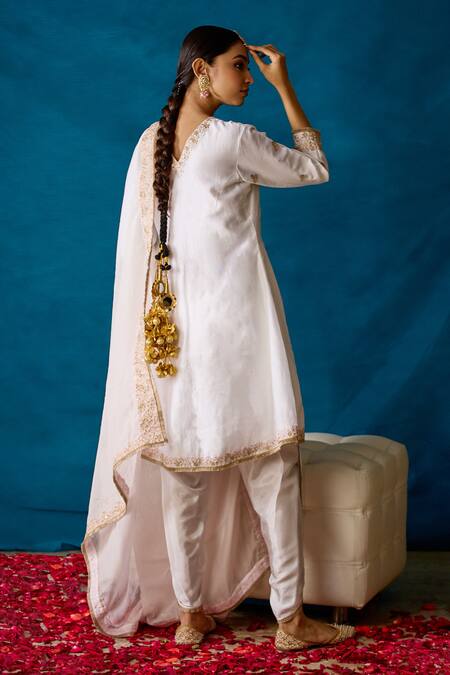 Shop Soha By Harleen And Sona White Kurta Bamberg Silk Dhoti Pants- Satin Amaya Embroidered Set at Aza Fashions Shop_Soha By Harleen And Sona_White Kurta Bamberg Silk Dhoti Pants- Satin Amaya Embroidered Set _at_Aza_Fashions