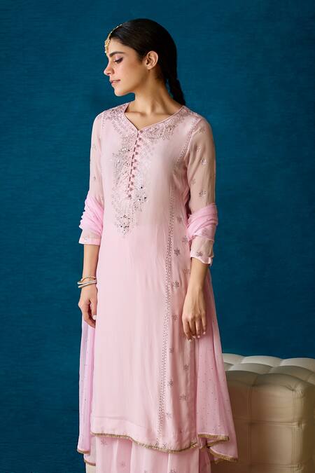 Soha By Harleen And Sona_Pink Kurta And Palazzo Crepe Dupatta Chiffon Floral, Anvi Embroidered Set _Online_at_Aza_Fashions
