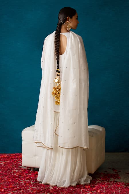 Shop Soha By Harleen And Sona White Kurta And Sharara Georgette Dupattatabby Silk Ela Embroidered Set at Aza Fashions Shop_Soha By Harleen And Sona_White Kurta And Sharara Georgette Dupattatabby Silk Ela Embroidered Set _at_Aza_Fashions