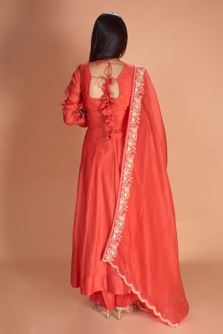Shop Soha By Harleen And Sona Orange Anarkali Chanderi Silk Palazzos Bamberg Silk Dupatta Amyra Set at Aza Fashions Shop_Soha By Harleen And Sona_Orange Anarkali Chanderi Silk Palazzos Bamberg Silk Dupatta Amyra Set _at_Aza_Fashions
