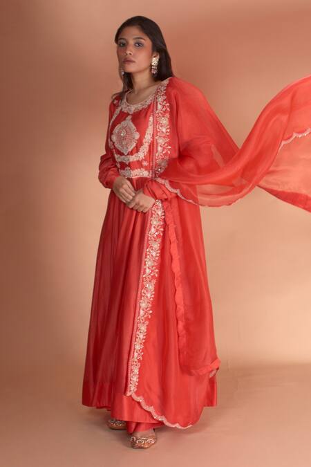 Soha By Harleen And Sona Orange Anarkali Chanderi Silk Palazzos Bamberg Silk Dupatta Amyra Set Online at Aza Fashions Soha By Harleen And Sona_Orange Anarkali Chanderi Silk Palazzos Bamberg Silk Dupatta Amyra Set _Online_at_Aza_Fashions