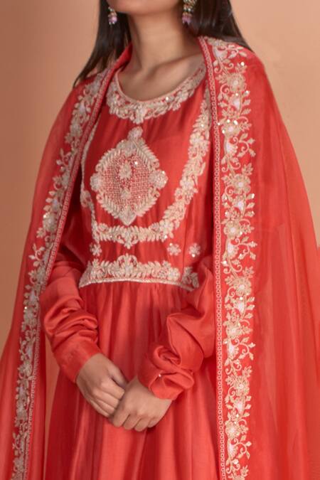 Buy Soha By Harleen And Sona Orange Anarkali Chanderi Silk Palazzos Bamberg Silk Dupatta Amyra Set Online at Aza Fashions Buy_Soha By Harleen And Sona_Orange Anarkali Chanderi Silk Palazzos Bamberg Silk Dupatta Amyra Set _Online_at_Aza_Fashions