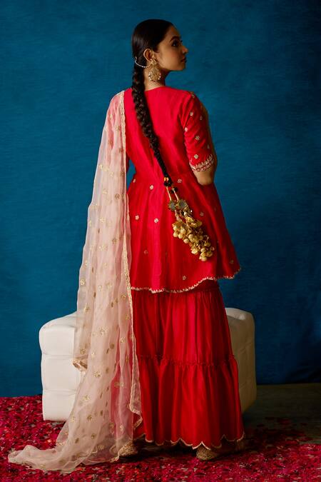 Shop_Soha By Harleen And Sona_Red Angrakha And Sharara Chanderi Silk Dupatta Pure Eina Set  _at_Aza_Fashions