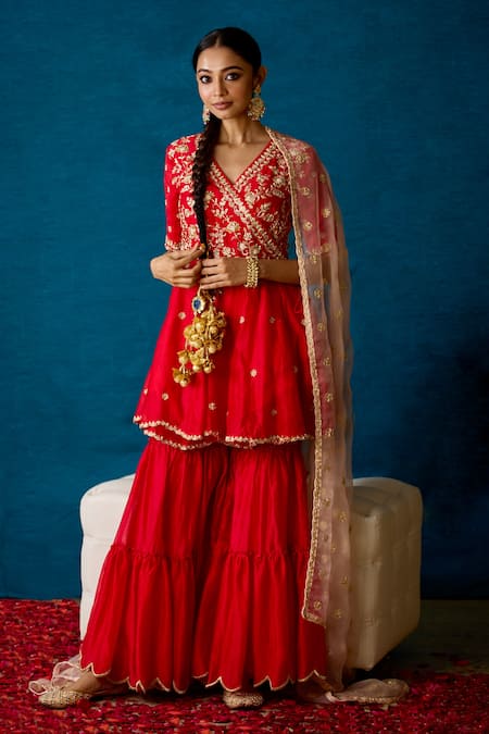 Soha By Harleen And Sona_Red Angrakha And Sharara Chanderi Silk Dupatta Pure Eina Set  _Online_at_Aza_Fashions
