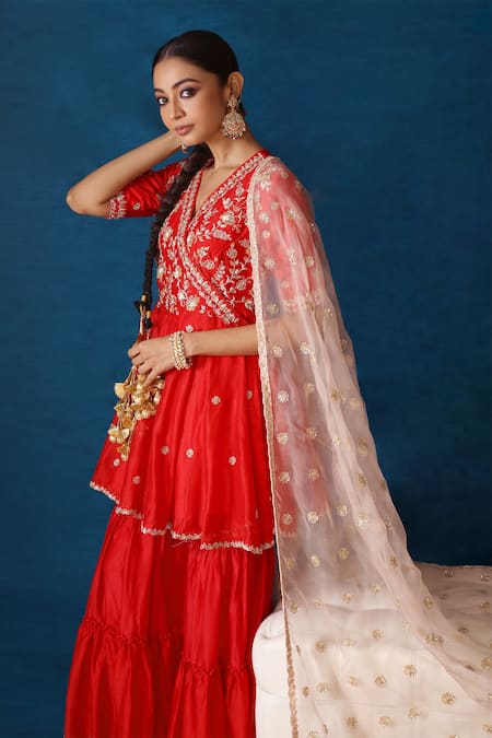 Buy_Soha By Harleen And Sona_Red Angrakha And Sharara Chanderi Silk Dupatta Pure Eina Set  _Online_at_Aza_Fashions