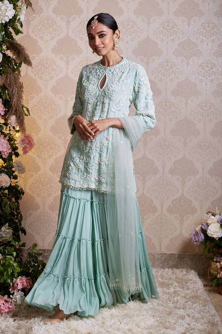 Soha By Harleen And Sona_Green Kurta And Sharara Chinnon Chiffon Dupatta Net Esra Embroidered Set _Online_at_Aza_Fashions