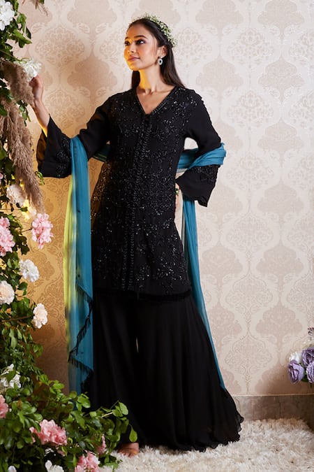 Soha by Harleen and Sona Black Kurta And Sharara Georgette Dupatta Chiffon Inaya Set  