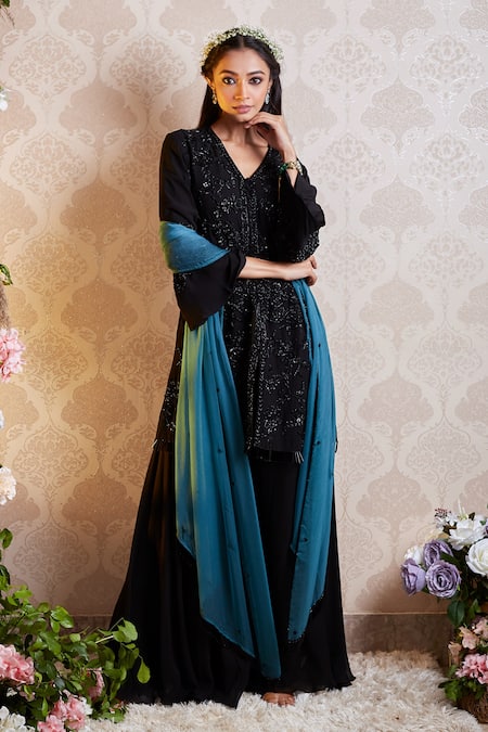 Soha By Harleen And Sona Black Kurta And Sharara Georgette Dupatta Chiffon Inaya Embroidered Set Online at Aza Fashions Soha By Harleen And Sona_Black Kurta And Sharara Georgette Dupatta Chiffon Inaya Embroidered Set _Online_at_Aza_Fashions