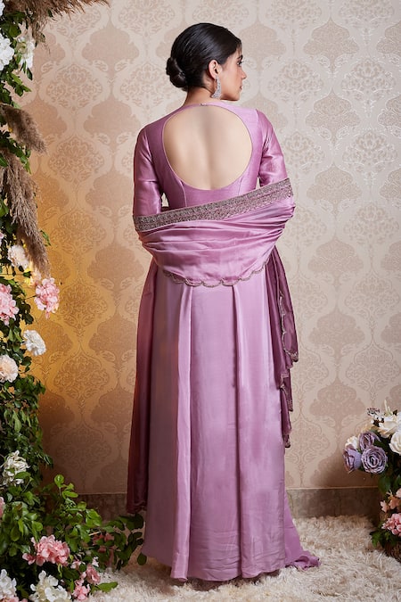 Shop Soha By Harleen And Sona Purple Anarkali Yoke And Sleeves Bamberg Silk Anarkali Crepe Anya Draped With at Aza Fashions Shop_Soha By Harleen And Sona_Purple Anarkali Yoke And Sleeves Bamberg Silk Anarkali Crepe Anya Draped With _at_Aza_Fashions