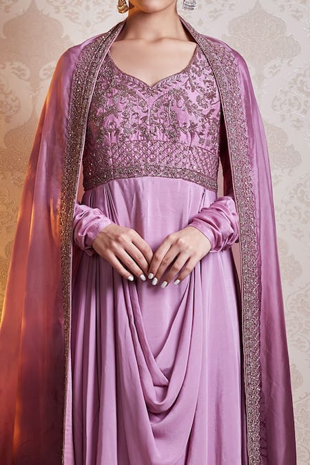 Buy Soha By Harleen And Sona Purple Anarkali Yoke And Sleeves Bamberg Silk Anarkali Crepe Anya Draped With Online at Aza Fashions Buy_Soha By Harleen And Sona_Purple Anarkali Yoke And Sleeves Bamberg Silk Anarkali Crepe Anya Draped With _Online_at_Aza_Fashions