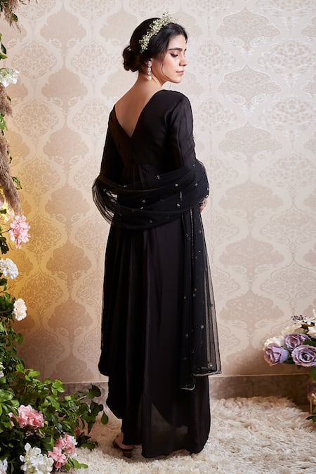 Shop Soha By Harleen And Sona Black Anarkali Yoke And Sleeves Bamberg Silk Anarkali Crepe Elia Draped With at Aza Fashions Shop_Soha By Harleen And Sona_Black Anarkali Yoke And Sleeves Bamberg Silk Anarkali Crepe Elia Draped With _at_Aza_Fashions