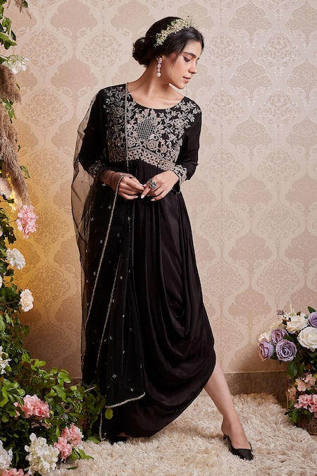 Soha By Harleen And Sona Black Anarkali Yoke And Sleeves Bamberg Silk Anarkali Crepe Elia Draped With Online at Aza Fashions Soha By Harleen And Sona_Black Anarkali Yoke And Sleeves Bamberg Silk Anarkali Crepe Elia Draped With _Online_at_Aza_Fashions