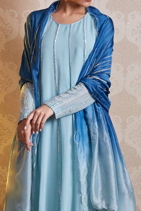 Buy_Soha By Harleen And Sona_Blue Anarkali Georgette Cigarette Pants- Malai Cotton Ekra Embroidered Set _Online_at_Aza_Fashions