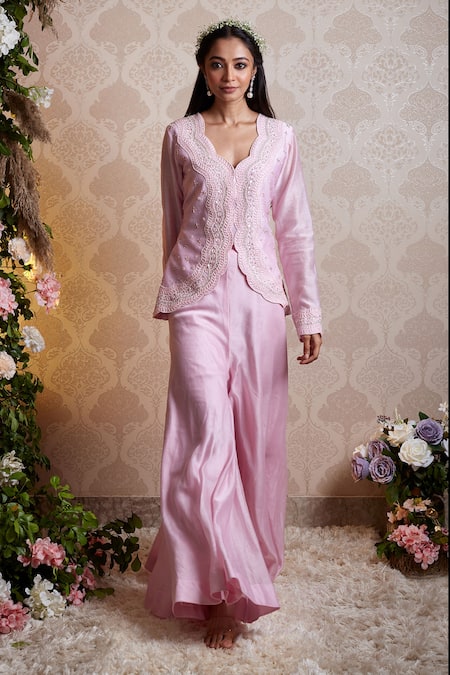 Soha By Harleen And Sona Pink Chanderi Silk Cutdana, V Neck Kiana Top And Palazzo Set 
