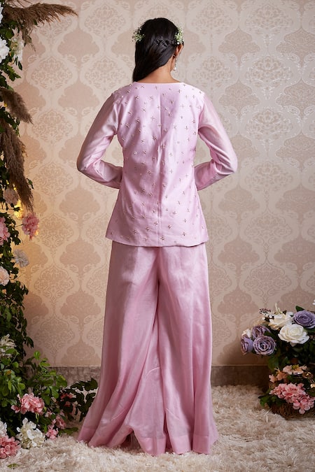 Shop Soha By Harleen And Sona Pink Chanderi Silk Cutdana, V Neck Kiana Top And Palazzo Set at Aza Fashions Shop_Soha By Harleen And Sona_Pink Chanderi Silk Cutdana, V Neck Kiana Top And Palazzo Set _at_Aza_Fashions