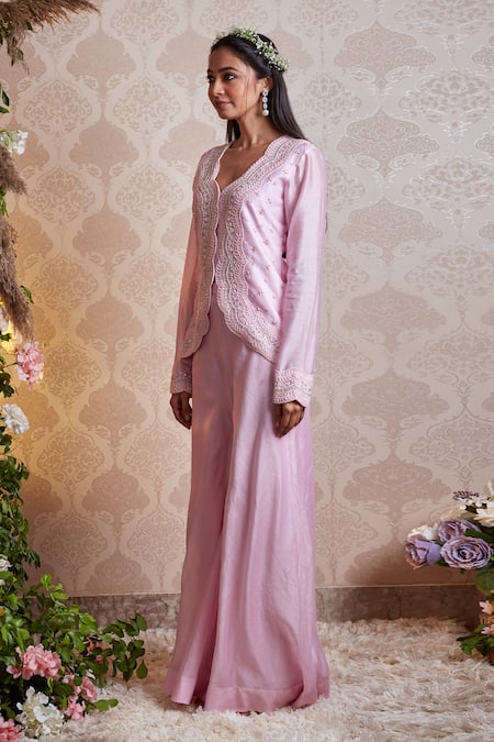 Soha By Harleen And Sona Pink Chanderi Silk Cutdana, V Neck Kiana Top And Palazzo Set Online at Aza Fashions Soha By Harleen And Sona_Pink Chanderi Silk Cutdana, V Neck Kiana Top And Palazzo Set _Online_at_Aza_Fashions