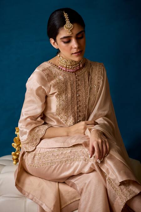 Soha By Harleen And Sona_Beige Kurta  Palazzos  Keisha Embroidered Set _Online_at_Aza_Fashions