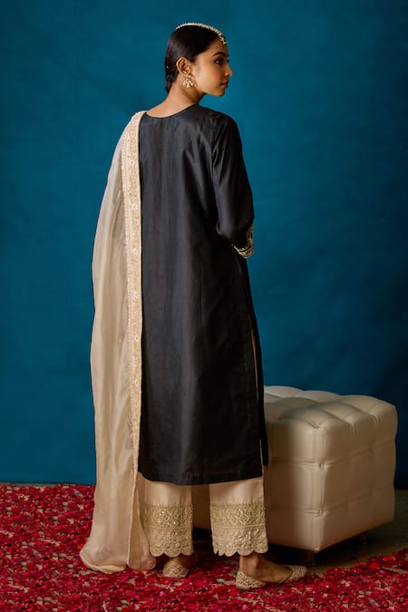 Shop Soha By Harleen And Sona Black Kurta Pure Silk Palazzos- Tussar Silk Kimaya Embroidered Set at Aza Fashions Shop_Soha By Harleen And Sona_Black Kurta Pure Silk Palazzos- Tussar Silk Kimaya Embroidered Set _at_Aza_Fashions