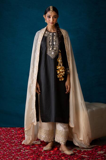 Soha By Harleen And Sona Black Kurta Pure Silk Palazzos- Tussar Silk Kimaya Embroidered Set Online at Aza Fashions Soha By Harleen And Sona_Black Kurta Pure Silk Palazzos- Tussar Silk Kimaya Embroidered Set _Online_at_Aza_Fashions