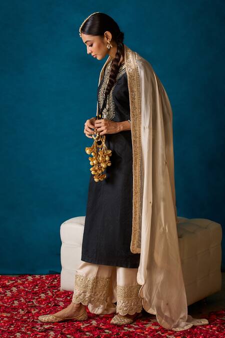 Buy Soha By Harleen And Sona Black Kurta Pure Silk Palazzos- Tussar Silk Kimaya Embroidered Set Online at Aza Fashions Buy_Soha By Harleen And Sona_Black Kurta Pure Silk Palazzos- Tussar Silk Kimaya Embroidered Set _Online_at_Aza_Fashions
