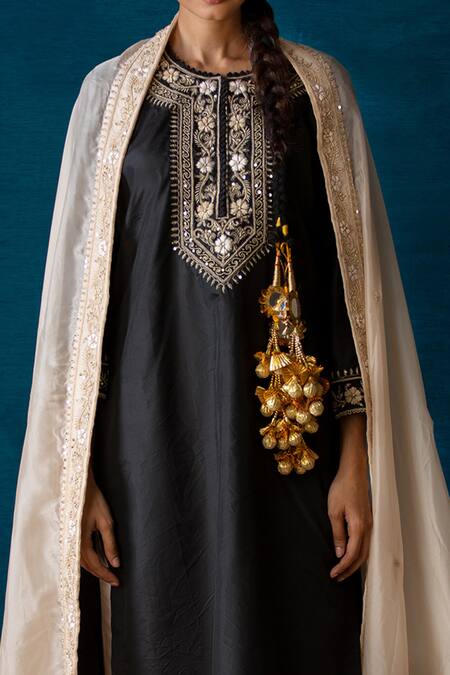 Shop Soha By Harleen And Sona Black Kurta Pure Silk Palazzos- Tussar Silk Kimaya Embroidered Set Online at Aza Fashions Shop_Soha By Harleen And Sona_Black Kurta Pure Silk Palazzos- Tussar Silk Kimaya Embroidered Set _Online_at_Aza_Fashions