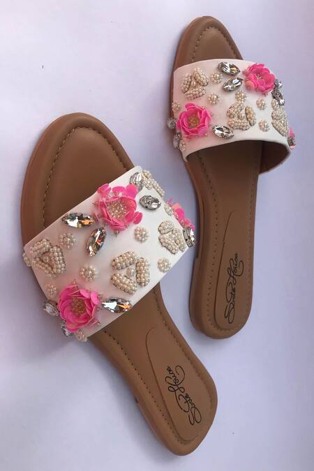 Buy_Sole House_White Embroidered Floral Crystal Sliders _Online_at_Aza_Fashions