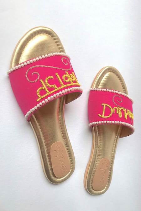 Sole House_Pink Slogan Embroidered Sliders _Online_at_Aza_Fashions