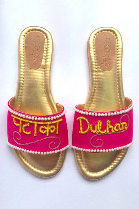 Buy_Sole House_Pink Slogan Embroidered Sliders _Online_at_Aza_Fashions