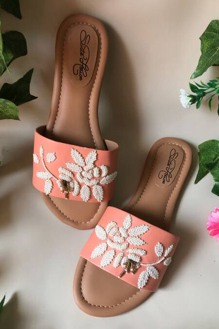 Sole House_Peach Embroidered Floral Embellished Sliders_Online_at_Aza_Fashions