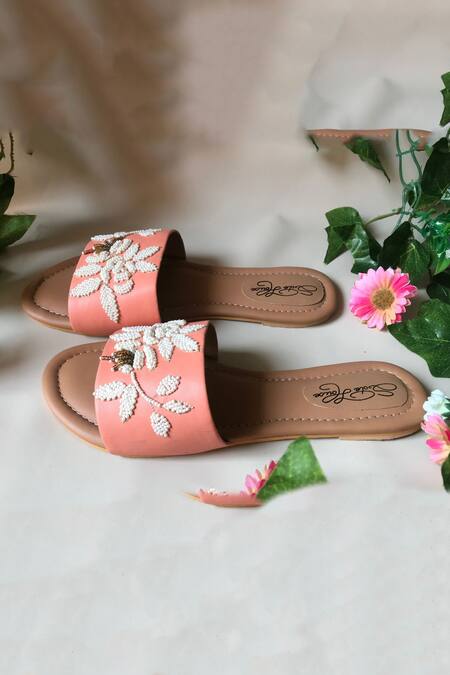 Buy_Sole House_Peach Embroidered Floral Embellished Sliders_Online_at_Aza_Fashions