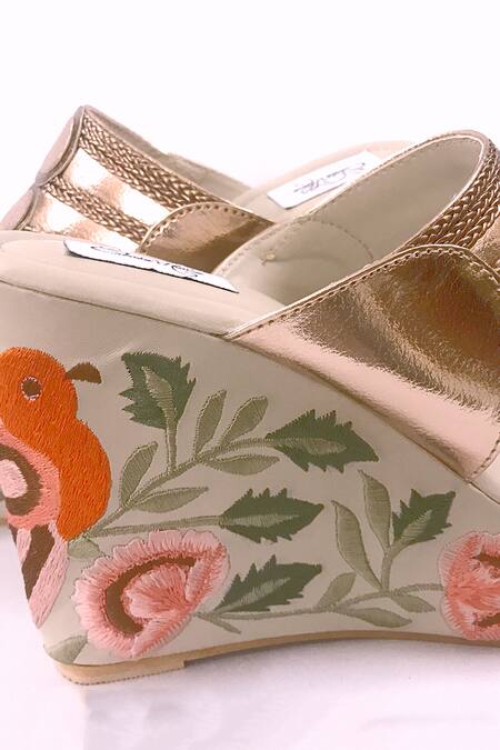 Shop_Sole House_Gold Embroidery Floral Kolhapuri Wedges _Online_at_Aza_Fashions