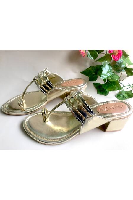 Sole House_Gold Cut Work Kolhapuri Block Heels _Online_at_Aza_Fashions