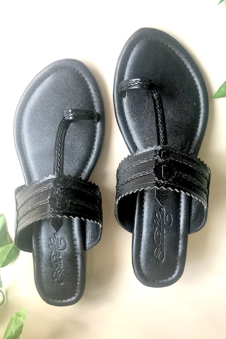 Shop_Sole House_Black Cut Work Kolhapuri Block Heels _at_Aza_Fashions