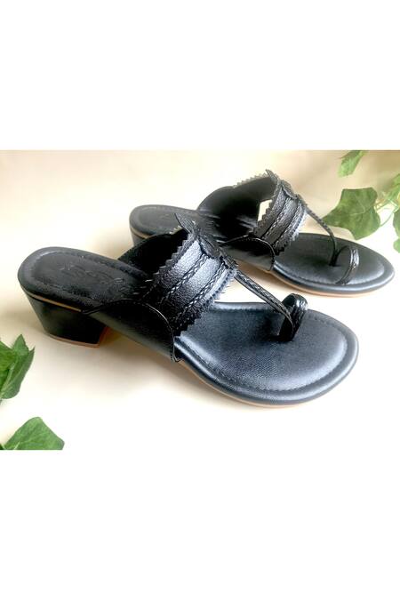 Sole House_Black Cut Work Kolhapuri Block Heels _Online_at_Aza_Fashions