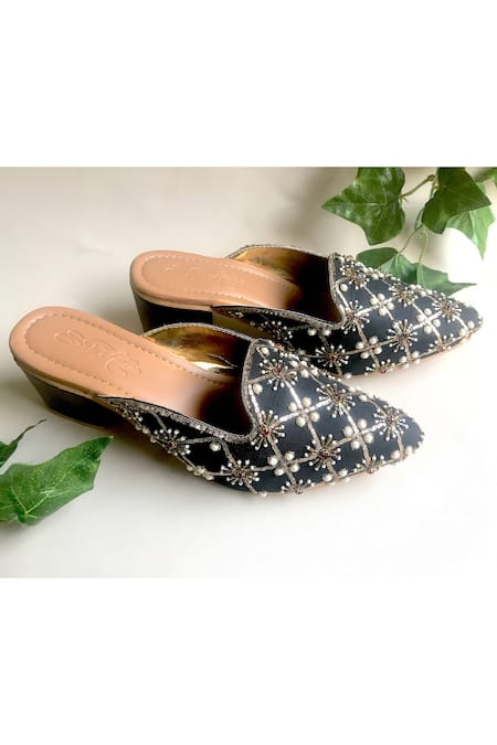 Sole House_Black Embroidery, Crystals Pointed Toe Block Heel Mules _Online_at_Aza_Fashions