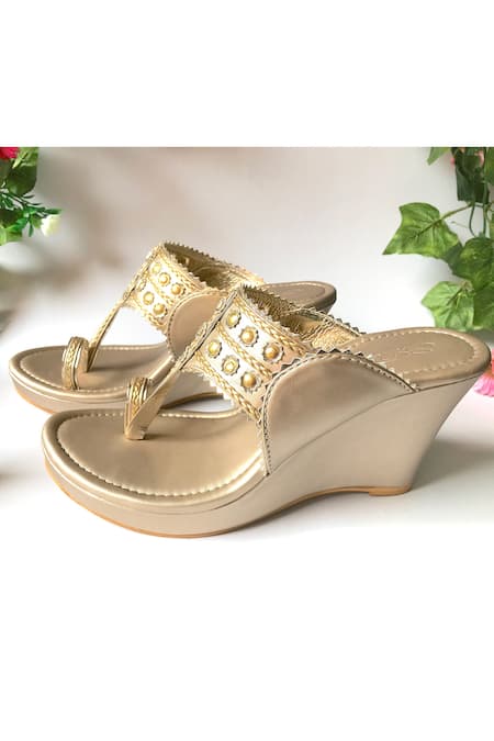 Sole House_Gold Embroidery Kolhapuri Wedges _Online_at_Aza_Fashions