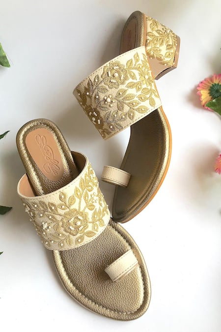 Sole House Beige Embroidery Floral Block Heels 