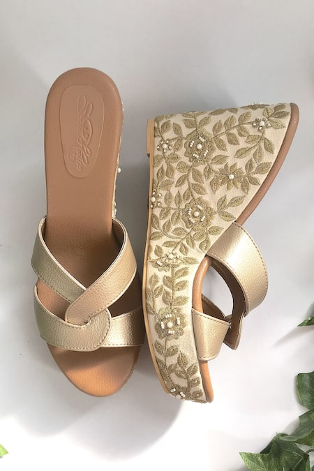 Sole House Beige Embroidery Floral Cross Strap Wedges 