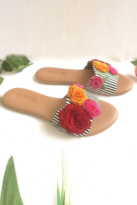 Sole House_Multi Color Embroidered Floral Sliders _Online_at_Aza_Fashions