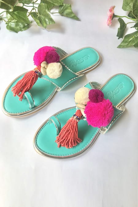 Sole House_Blue Embroidered Tassel Sandals _Online_at_Aza_Fashions