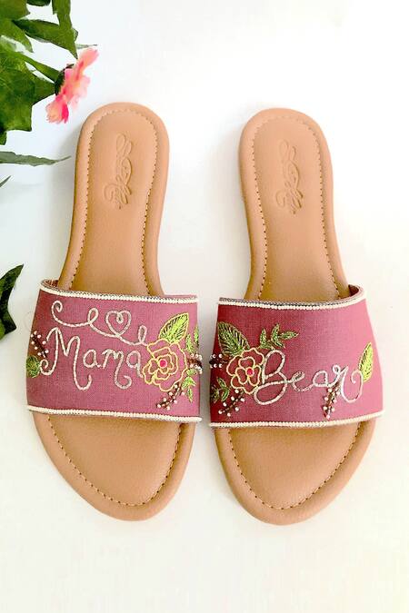 Sole House_Purple Slogan Embroidered Sliders_at_Aza_Fashions