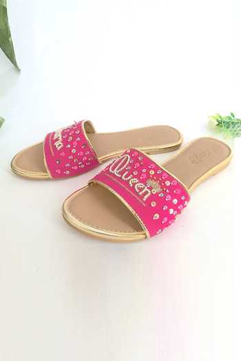 Sole House_Pink Fuschia Slogan Embroidered Sliders_Online_at_Aza_Fashions