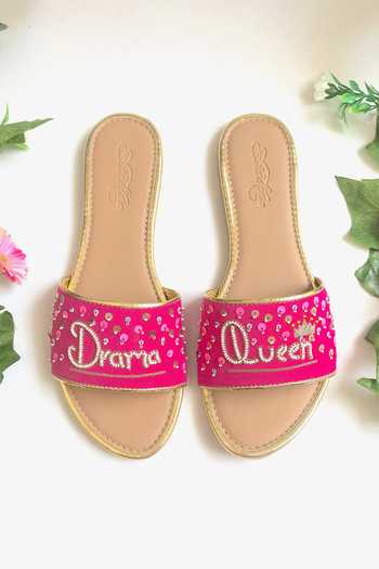Buy_Sole House_Pink Fuschia Slogan Embroidered Sliders_Online_at_Aza_Fashions