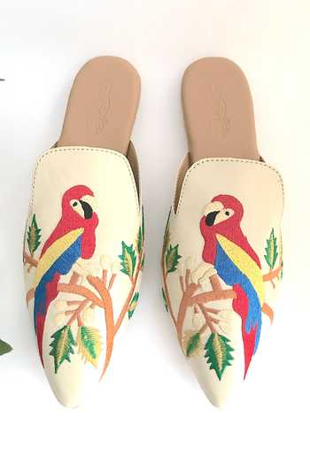 Sole House Embroidered Beige Pointed Toe Mules 
